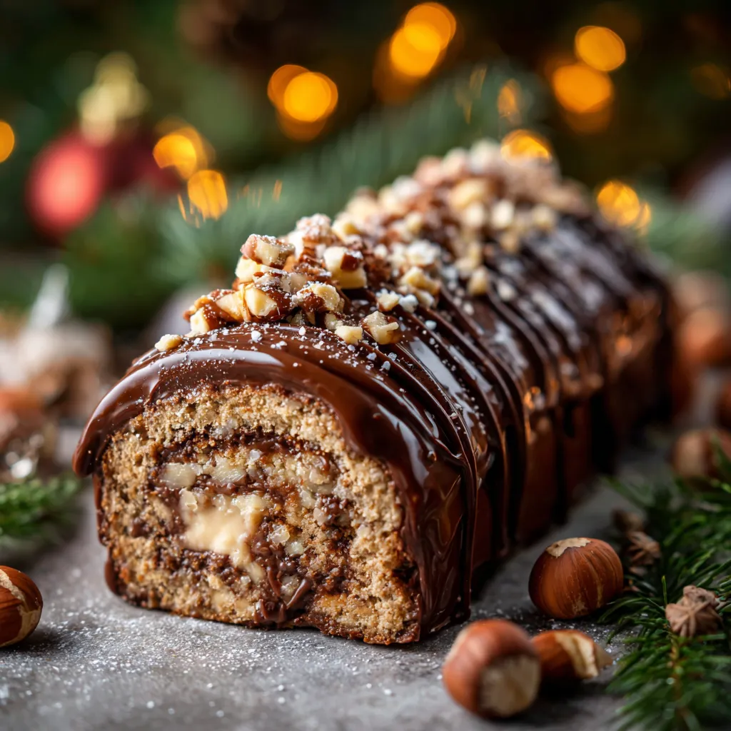 Bûche de Noël au chocolat praliné noisette décorée de noisettes torréfiées et glaçage brillant sur fond festif