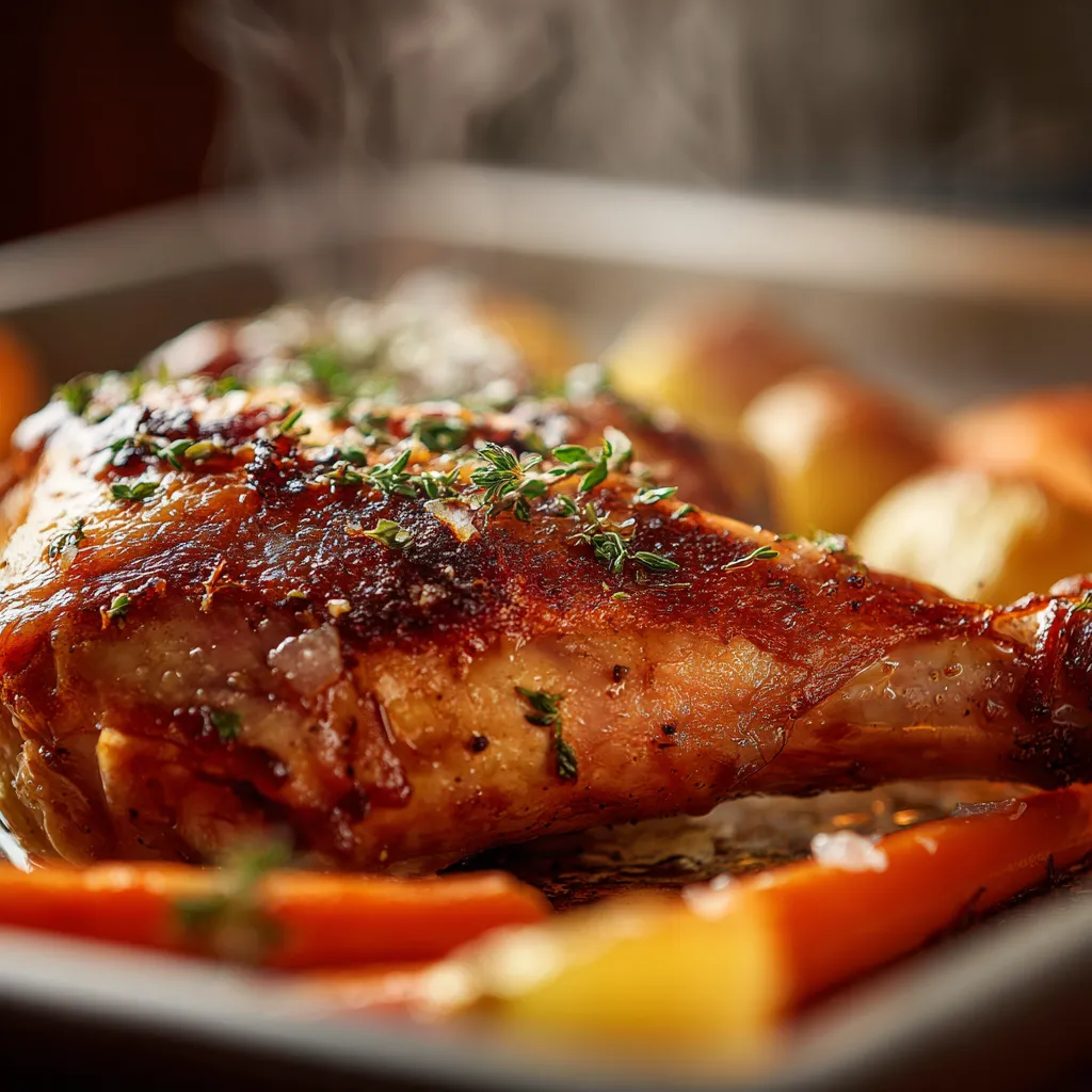 Cuisse de dinde au four juteuse et croustillante avec peau dorée et légumes rôtis sur un plat rustique