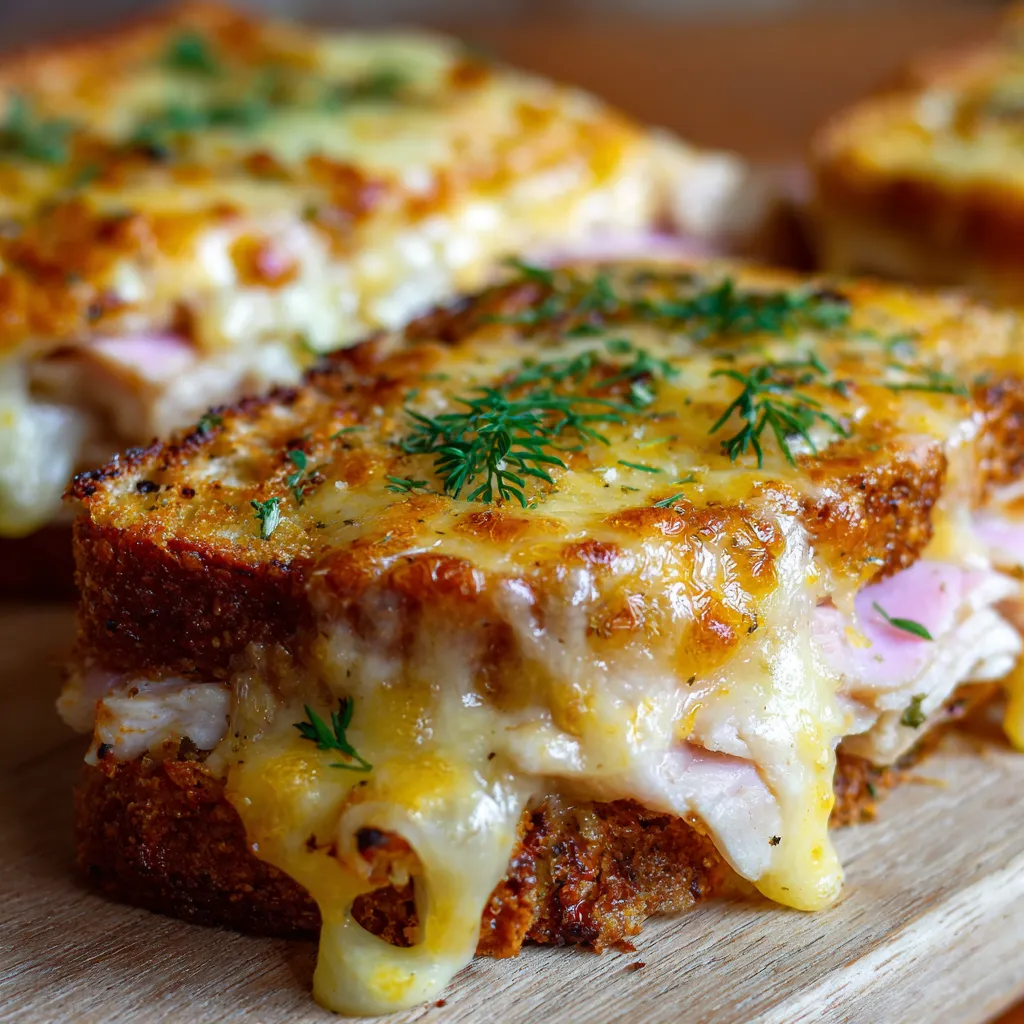 Croque Monsieur doré et croustillant, garni de fromage fondant.