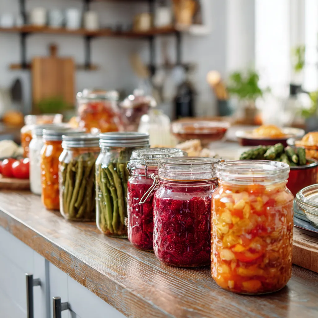 Bocaux de conserves faits maison alignés sur un plan de travail en bois, avec confitures colorées, légumes stérilisés et plats cuisinés, illustrant les bonnes pratiques de stérilisation.