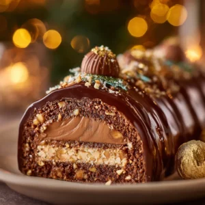 Bûche Chocolats & Praliné de Noël au chocolat et praliné avec glaçage miroir brillant.