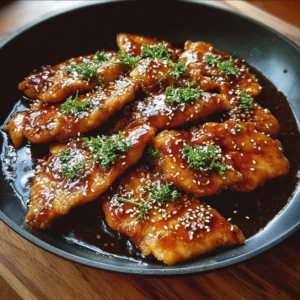 Escalopes de poulet caramélisées à l’ail, miel et sauce soja