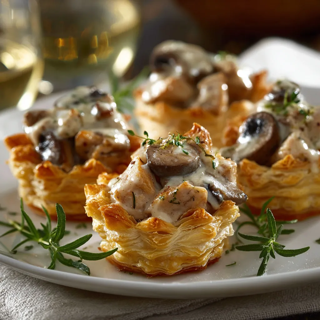 Bouchées à la reine maison servies chaudes, vol-au-vent dorés garnis d’une sauce onctueuse au poulet et aux champignons.
