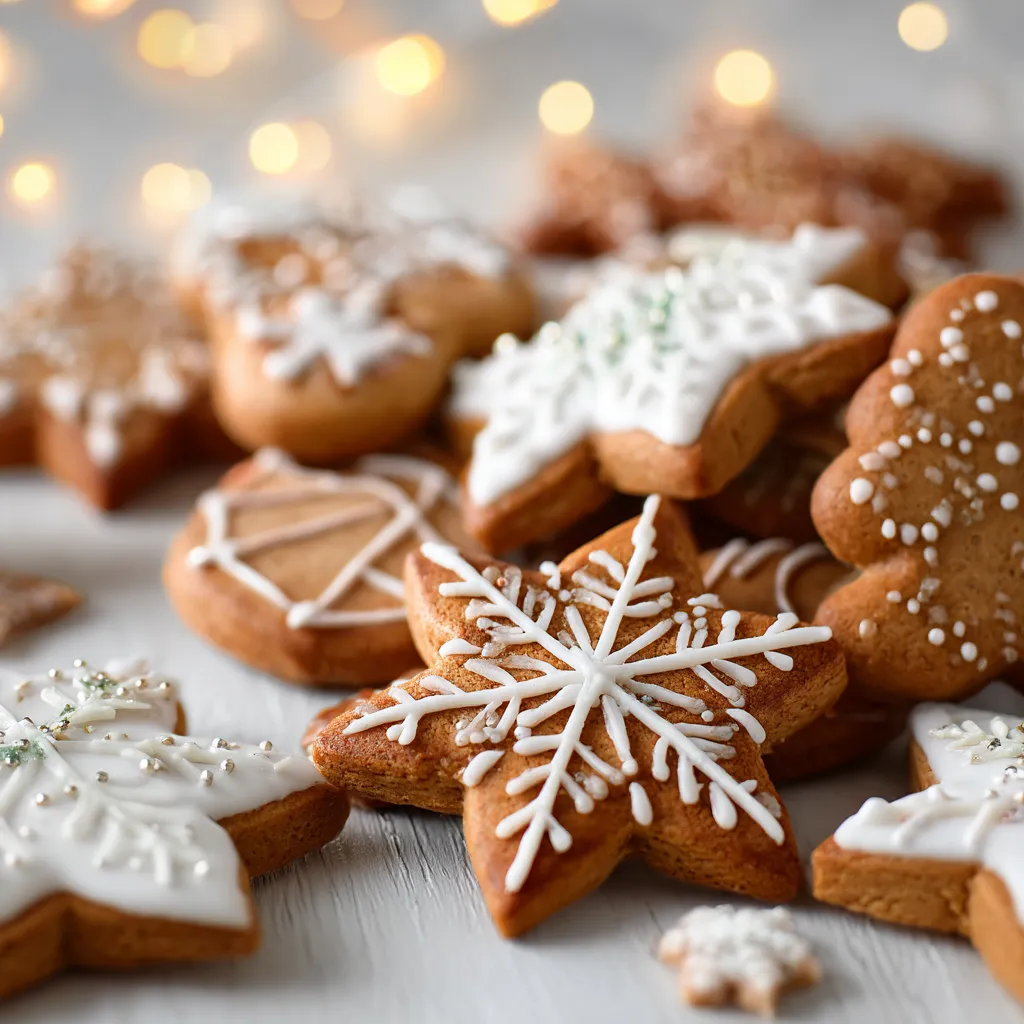 Biscuits de Noël dorés décorés de glaçage blanc et coloré sur une table en bois, ambiance festive avec lumières de Noël floues en arrière-plan.