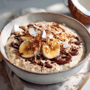 Porridge façon Bounty crémeux au chocolat noir et à la noix de coco.