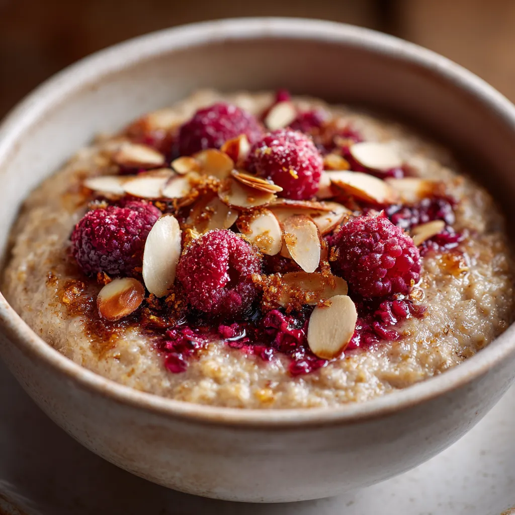 Bol de porridge protéiné à la frangipane crémeux, garni d’amandes grillées et de fruits rouges frais, sur une table en bois, lumière naturelle.