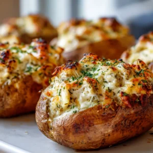 Pommes de terre au four farcies dorées, garnies de fromage fondu.