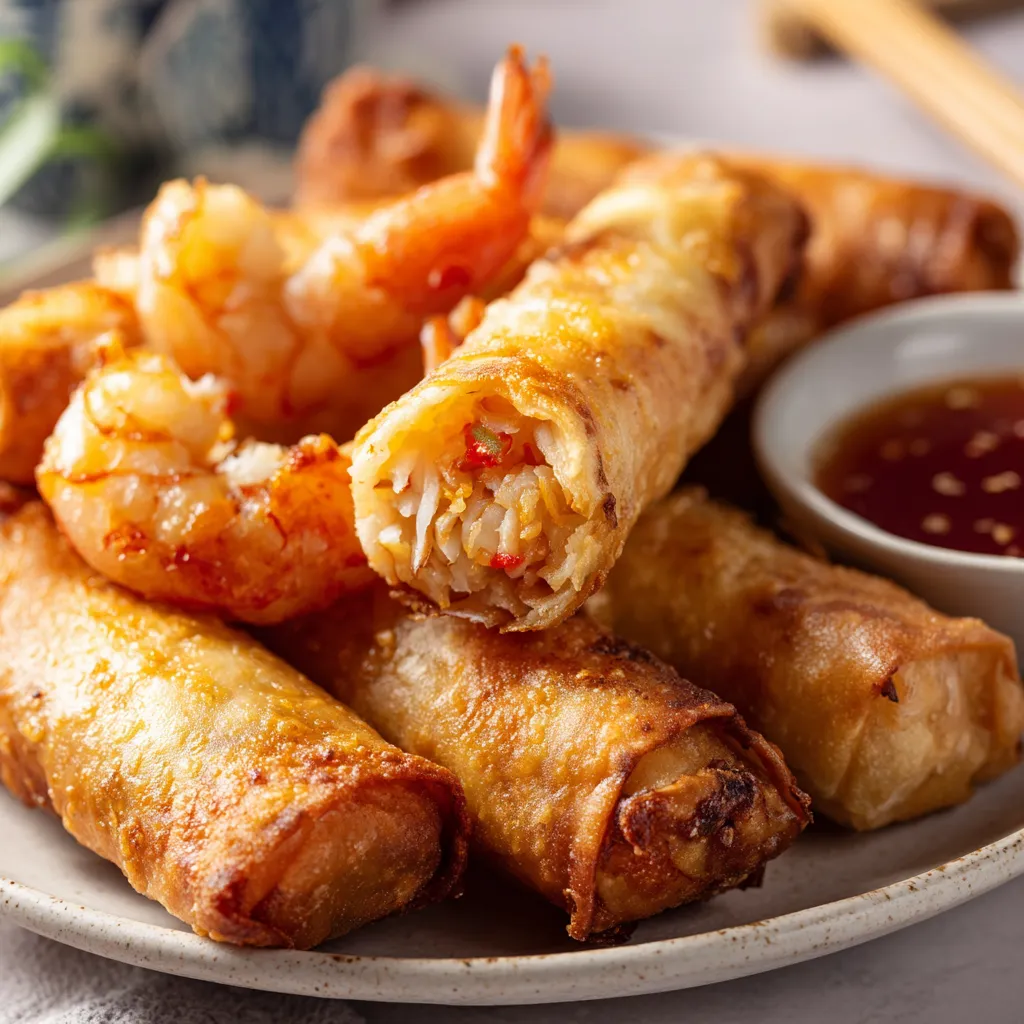 La Recette Simple des Rouleaux de Crevettes Croustillants 2 Gros plan de rouleaux de crevettes croustillants dorés à souhait, servis avec une sauce aigre-douce maison dans une assiette claire.