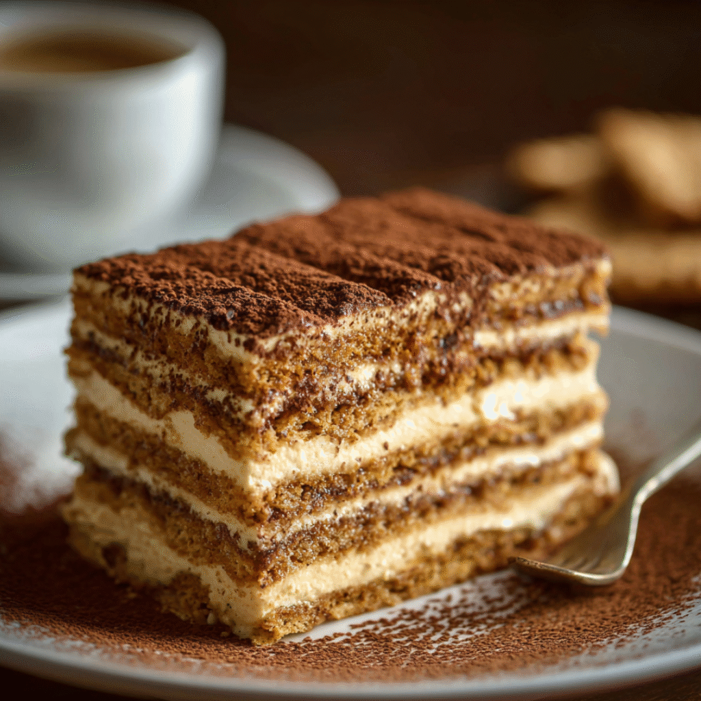 Gâteau Petit Beurre au Café sans cuisson avec couches de crème au café onctueuse et biscuits dorés imbibés de café, dessert gourmand et fondant.