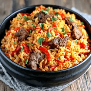 Bol généreux de riz et bœuf en une casserole, avec poivrons rouges et persil frais sur une table rustique.