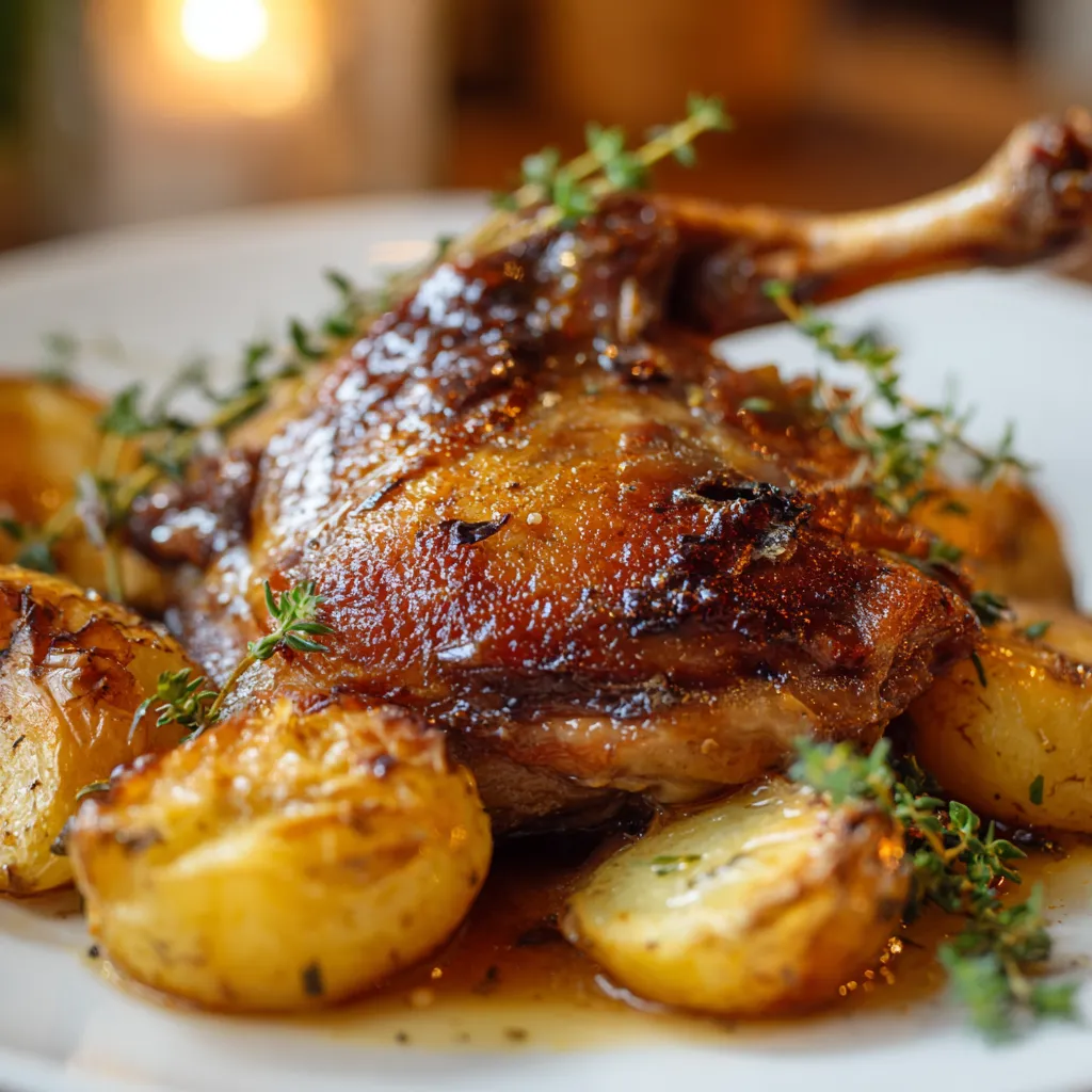 Confit de Canard Inratable : Votre Recette Facile et Fantastique 4 Confit de canard maison doré et croustillant servi avec des pommes de terre rissolées.