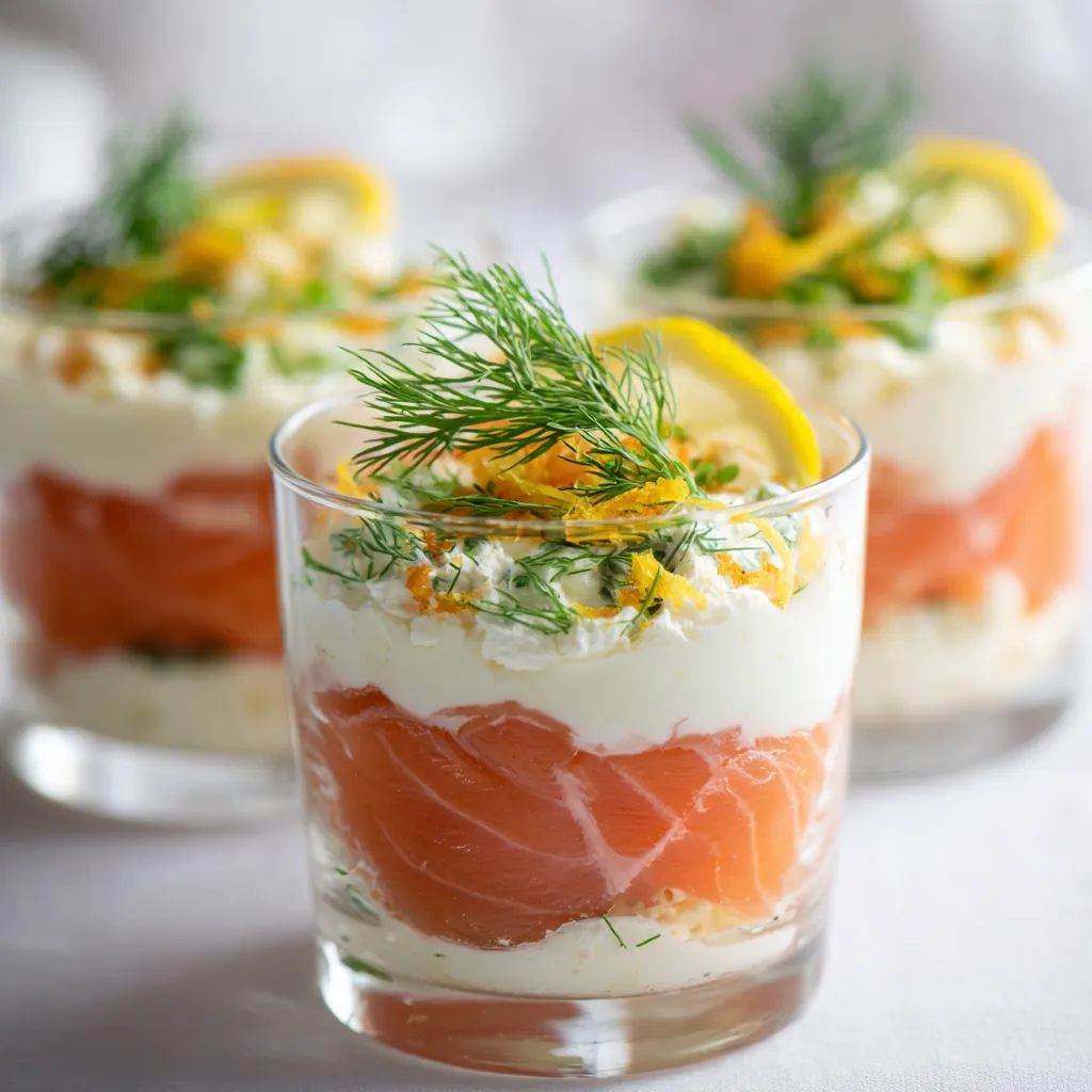 Verrine de Saumon Fumé et St Môret : Effet Waouh Garanti 2 Verrine de saumon fumé et St Môret crémeuse, décorée d’aneth frais et de zeste de citron, servie dans un verre transparent sur une table en bois.