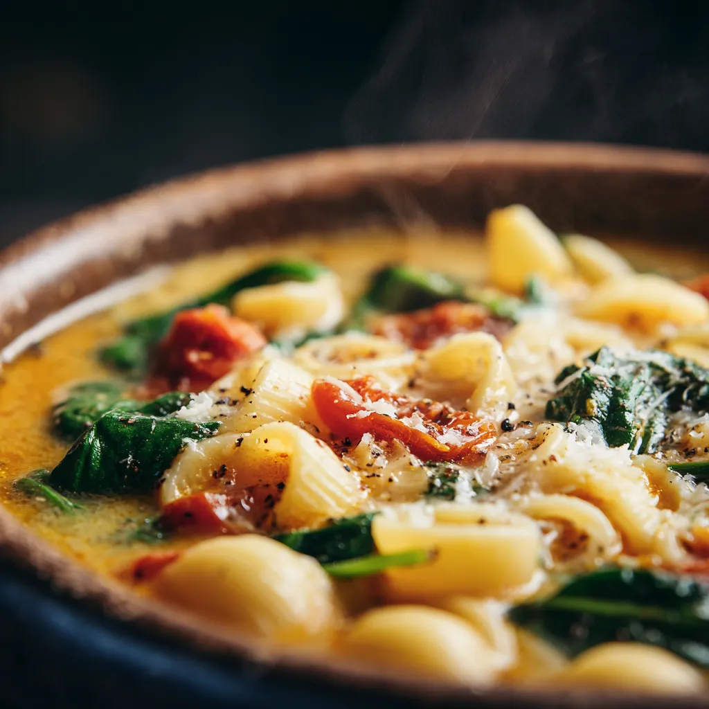 Soupe crémeuse italienne servie dans un bol rustique, avec pâtes, tomates, épinards et parmesan fondant, vue rapprochée et appétissante sur table en bois.