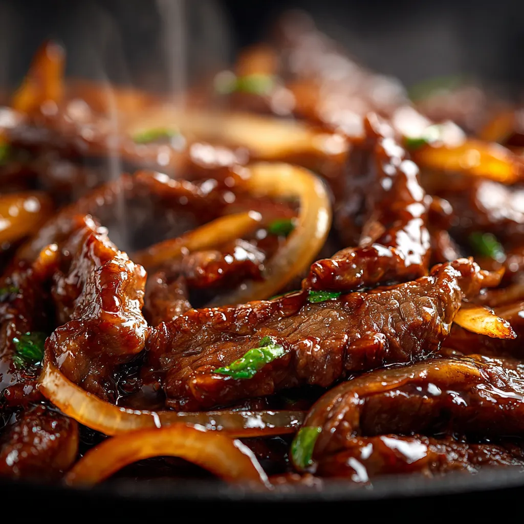 Boeuf sauté aux oignons juteux avec sauce soja brillante.