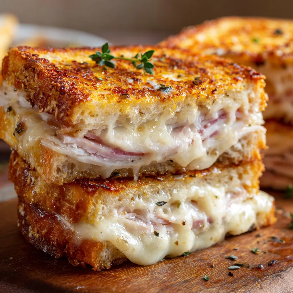 Croque-Monsieur doré et croustillant, garni de fromage fondant et de dinde, photographié en gros plan sur une assiette avec lumière chaude.