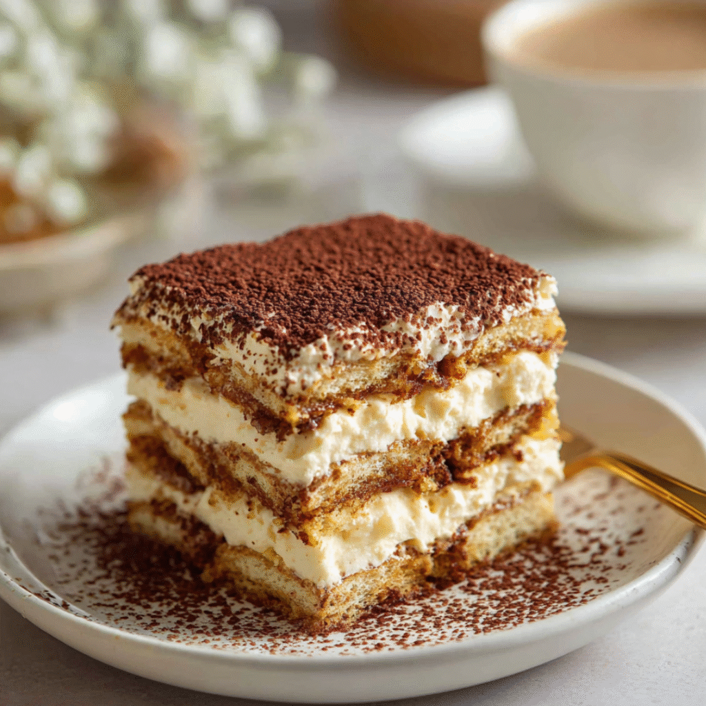 Gâteau Petit Beurre au Café sans cuisson avec couches de crème au café onctueuse et biscuits dorés imbibés de café, dessert gourmand.