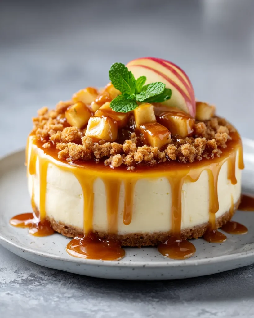 Mini cheesecake pomme caramel vanille gourmand, nappé de sauce caramel et garni de pommes.