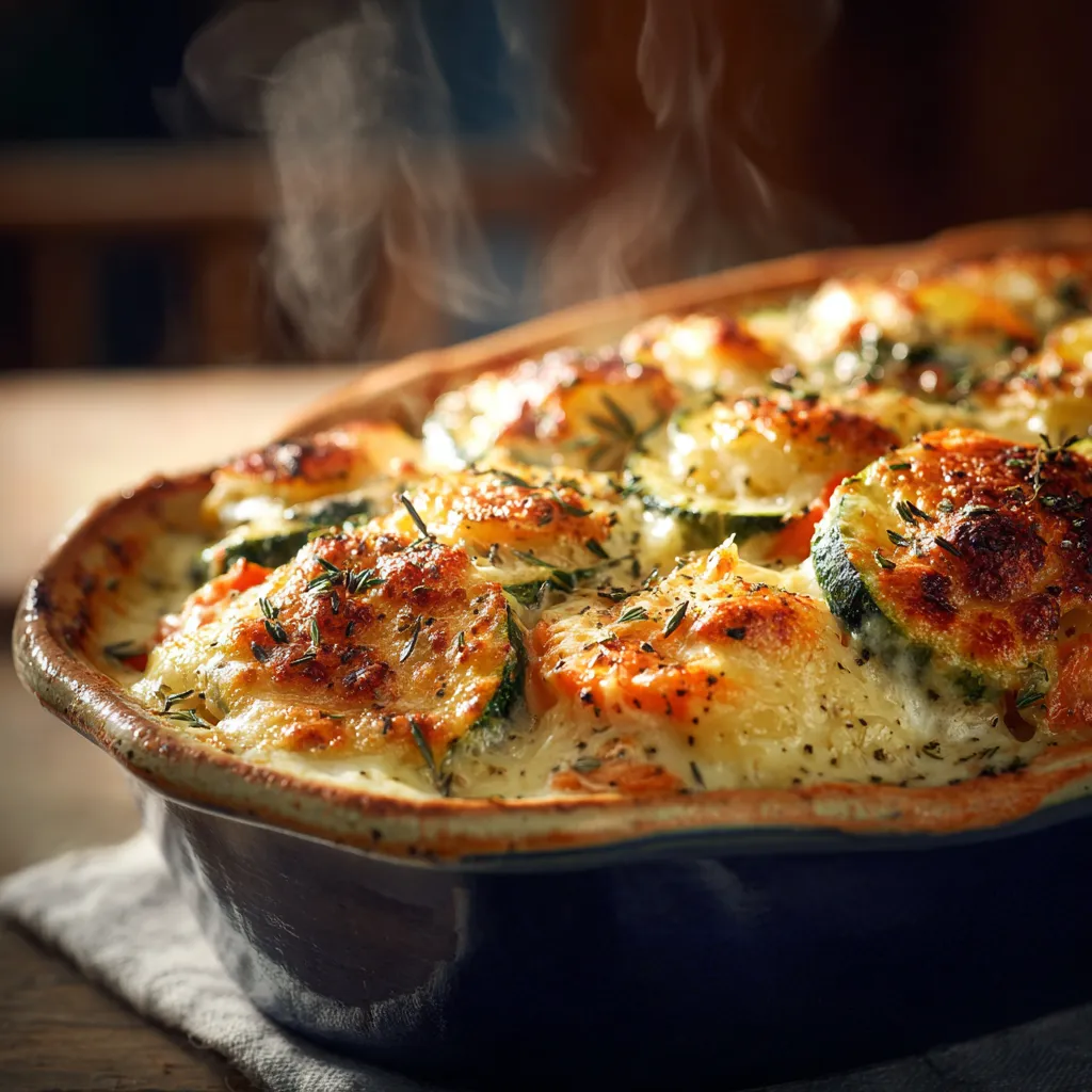 Gros plan appétissant d’un gratin aux trois légumes, pommes de terre.