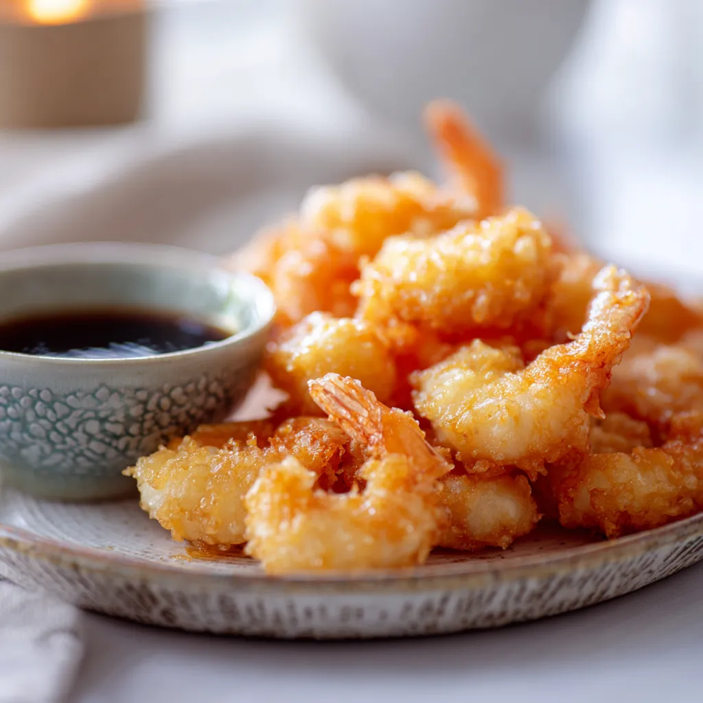 Tempura de Crevettes: Le Secret d'un Croustillant Magique 2 Tempura de crevettes croustillantes servies avec sauce tentsuyu sur assiette japonaise – plat doré et appétissant.