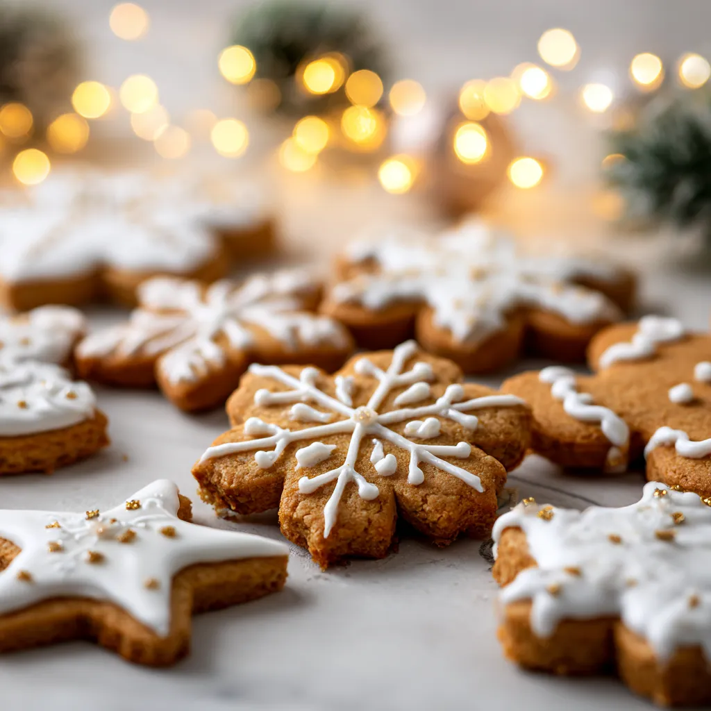 Biscuits de Noël dorés décorés de glaçage blanc et coloré sur une table en bois, ambiance festive avec lumières de Noël.