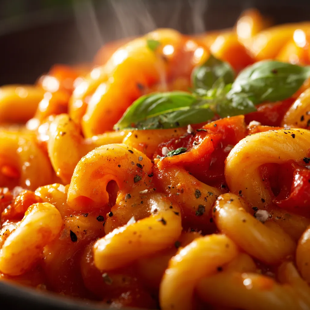 Gros plan de pâtes végétaliennes crémeuses à la tomate avec basilic frais, sauce onctueuse et texture gourmande