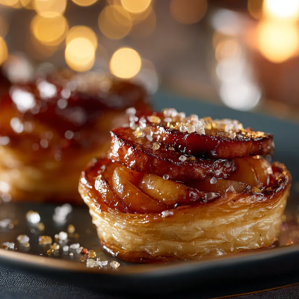 Mini tatins de foie gras sur pommes caramélisées en gros plan, apéritif festif élégant et gourmand
