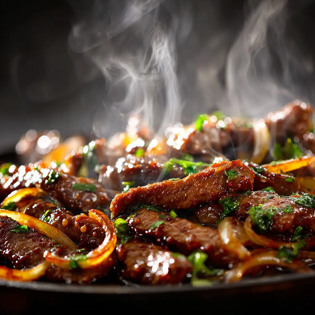 Boeuf sauté aux oignons juteux avec sauce soja brillante et oignons caramélisés.