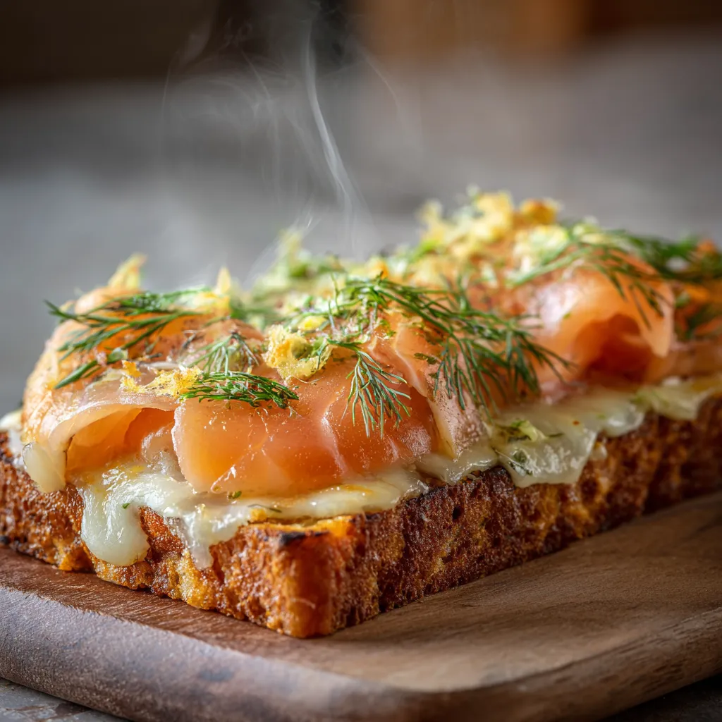 Le Croque-Norvégien au Saumon Fumé : Une Recette Simple 4 Croque-Norvégien au saumon fumé avec pain doré, fromage fondant, aneth frais et touche de citron, présenté en gros plan gourmand.