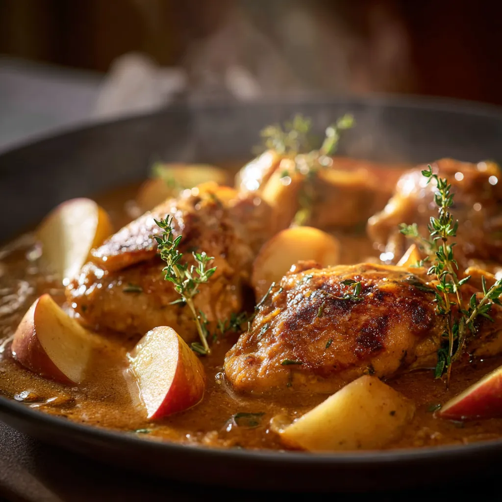 Poulet crémeux aux pommes et au cidre en gros plan avec sauce onctueuse, pommes caramélisées et thym frais, plat gourmand d’automne.
