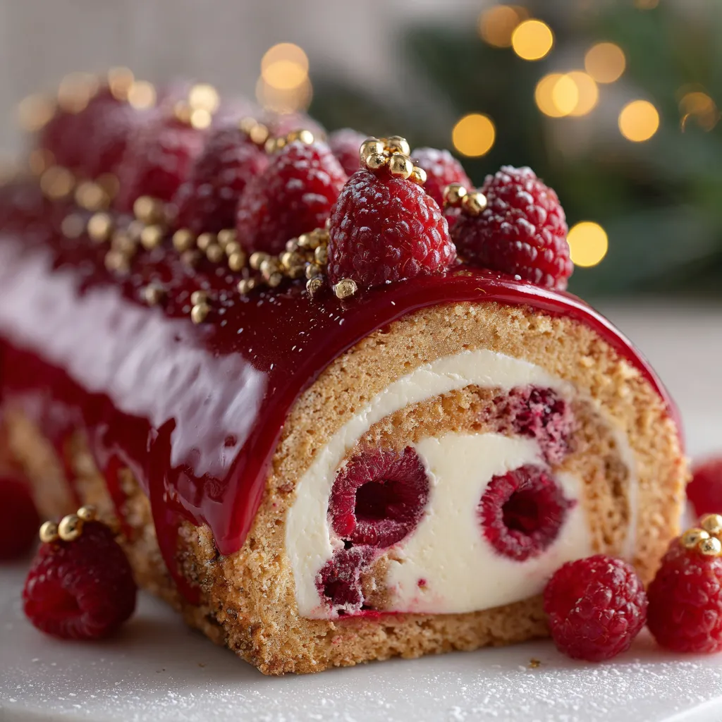 L'Incroyable Bûche Vanille & Framboise 2 Bûche de Noël Vanille et Framboise nappée d’un glaçage miroir rouge brillant.