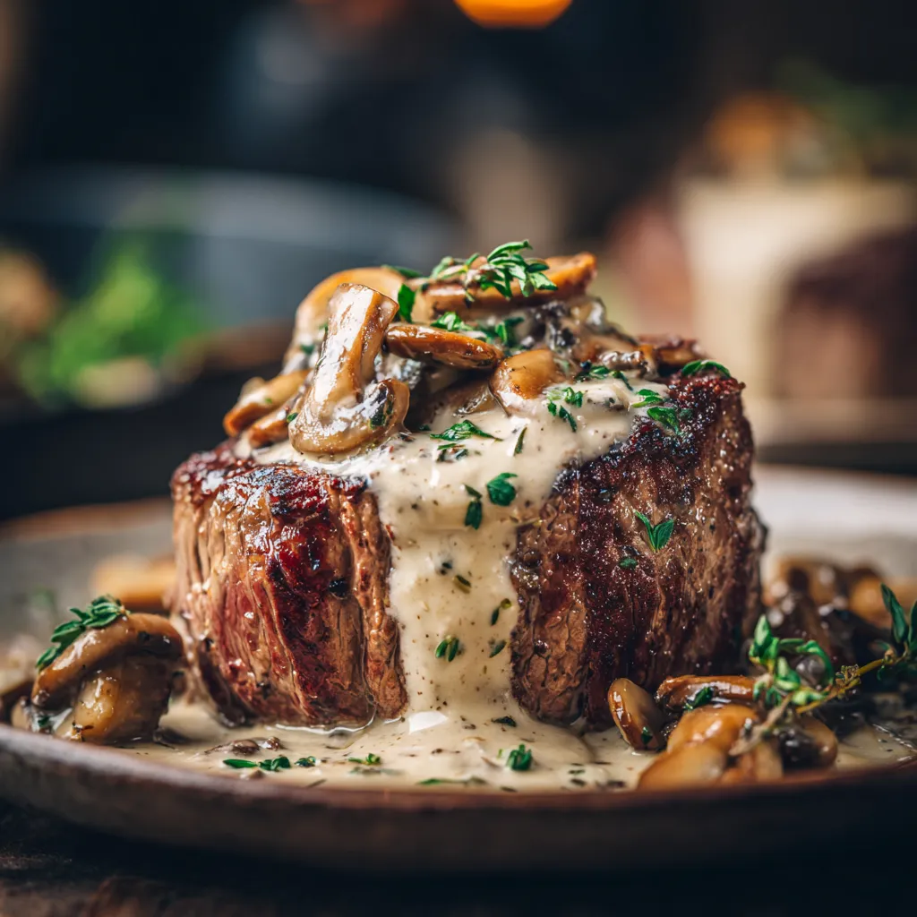 Filet de Bœuf à la Crème: Recette Facile, Gourmande et Rapide en 30 Minutes 4 Gros plan d’un filet de bœuf à la crème juteux et tendre, nappé d’une sauce onctueuse aux champignons.