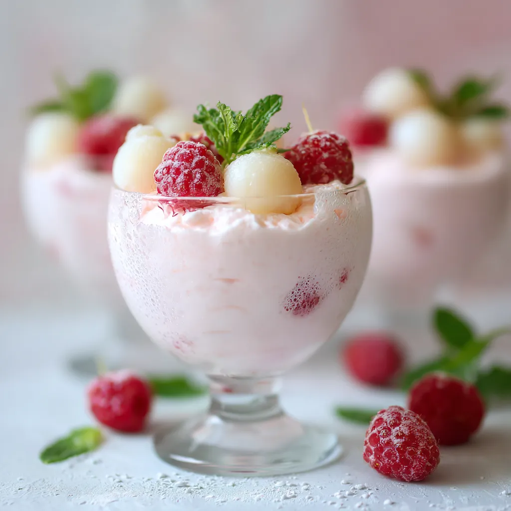Mousse litchi onctueuse servie en verrine avec litchis frais.