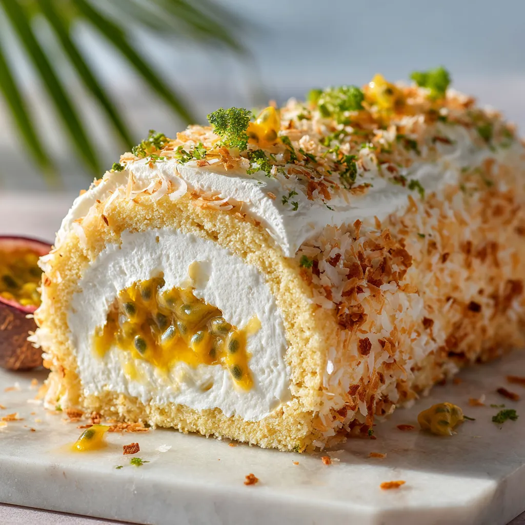 L'Ultime Bûche Coco Passion et Citron Vert Facile 4 Bûche exotique à la noix de coco, au fruit de la passion et au citron vert, décorée de zestes et de copeaux de coco.