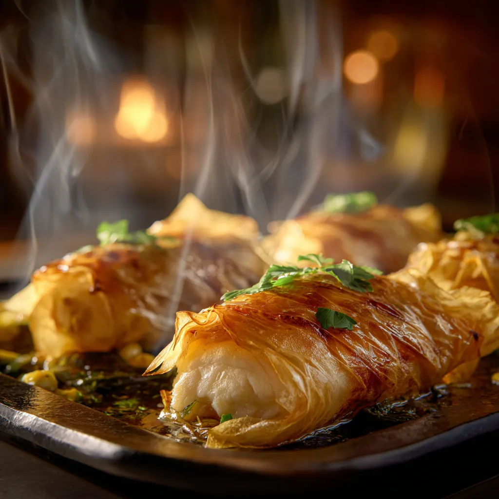 Aumônières de loup de mer croustillantes garnies de poisson frais.