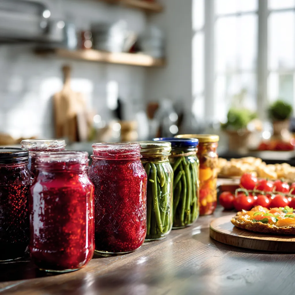 Bocaux de conserves faits maison alignés sur un plan de travail en bois, avec confitures colorées, légumes stérilisés et plats cuisinés, illustrant les bonnes pratiques de stérilisation artisanale.
