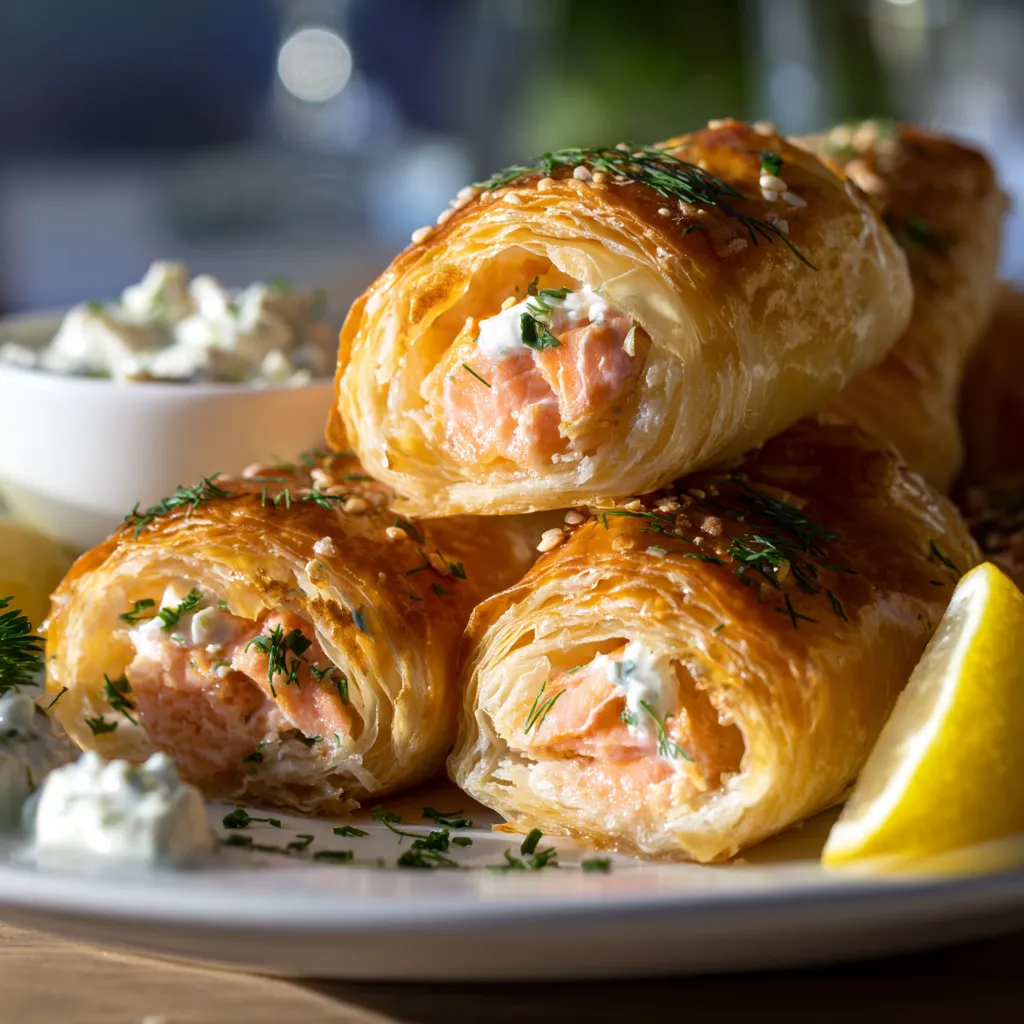 Le Secret de Roulés Feuilletés au Saumon Fumé Parfaits 3 Roulés feuilletés dorés au saumon fumé et fromage frais, garnis d’aneth et de ciboulette.