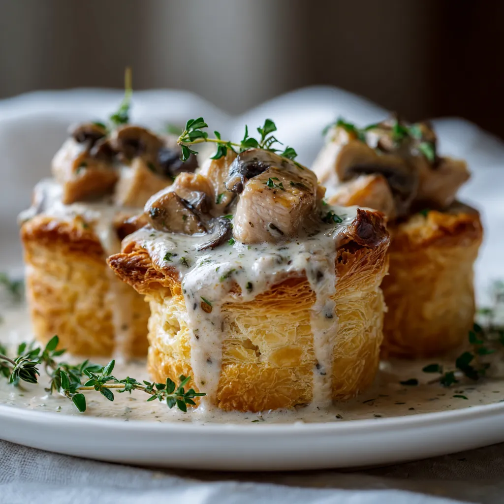 Bouchées à la reine maison servies chaudes, vol-au-vent dorés garnis d’une sauce onctueuse au poulet et aux champignons, présentés sur une table élégante.