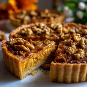 Tarte Potimarron Et Noix dorée au potimarron et aux noix sur une table en bois.