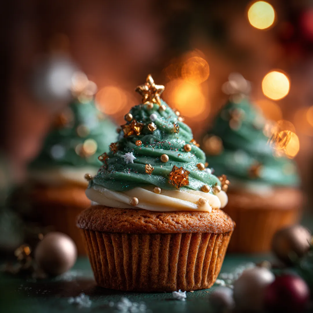 Cupcakes sapin de Noël décorés de glaçage vert crémeux.