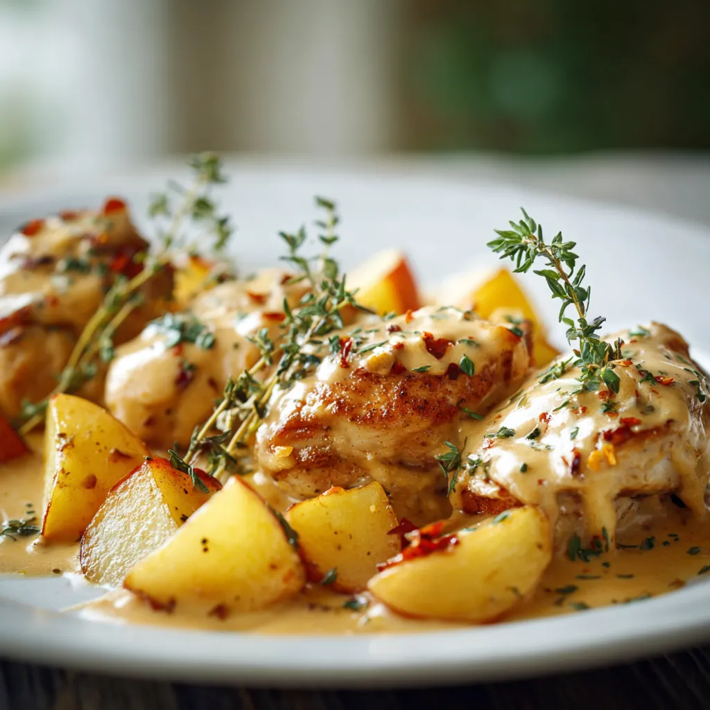 Poulet crémeux aux pommes et au cidre en gros plan avec sauce onctueuse, pommes caramélisées et thym frais.