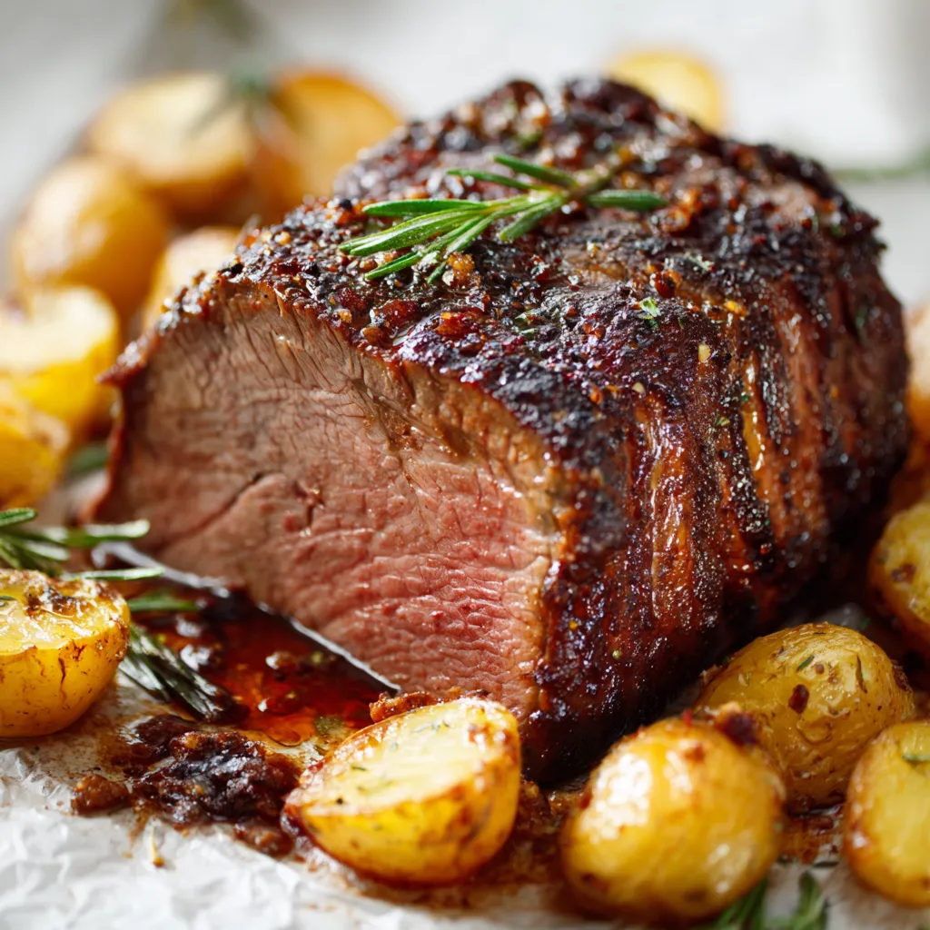 Gros plan d’un rôti de bœuf juteux et caramélisé, sorti du four.