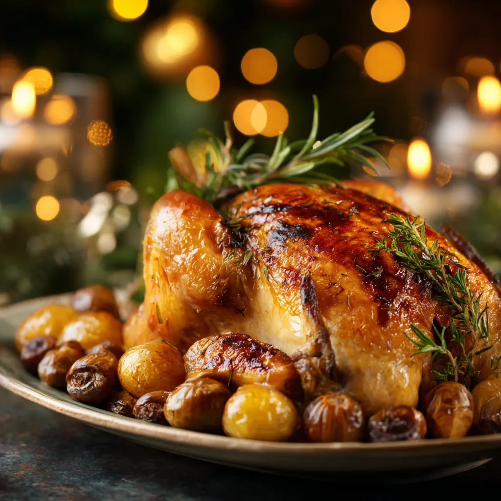 Chapon farci de Noël juteux et doré avec farce aux marrons, gros plan gourmand sur la peau croustillante