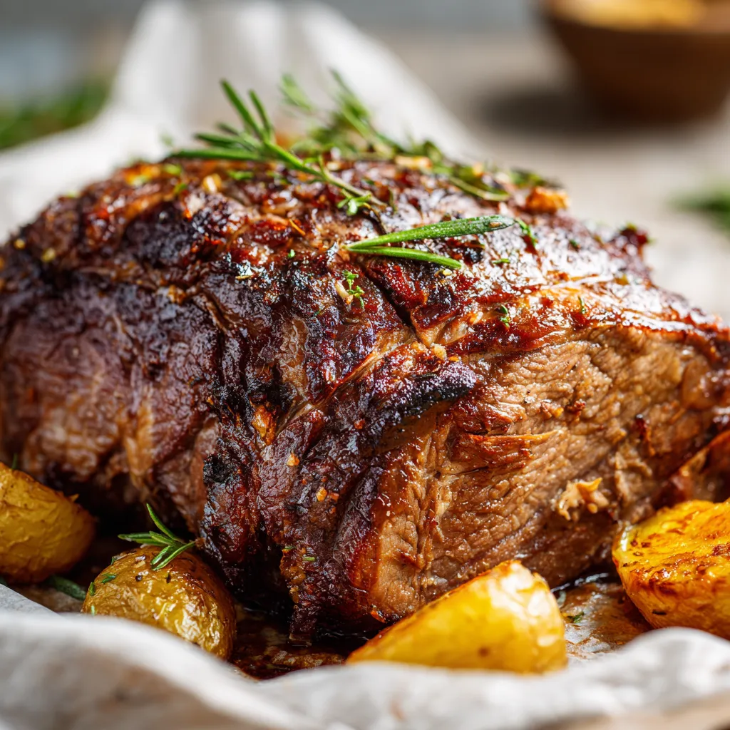 Rôti de bœuf juteux et caramélisé, sorti du four, entouré de pommes de terre dorées.