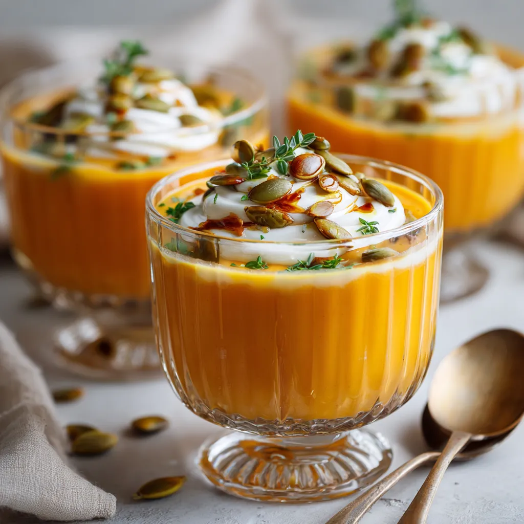Verrines de velouté de butternut crémeux, garnies de graines de courge et d’une touche de crème, présentées sur une table rustique d’automne.