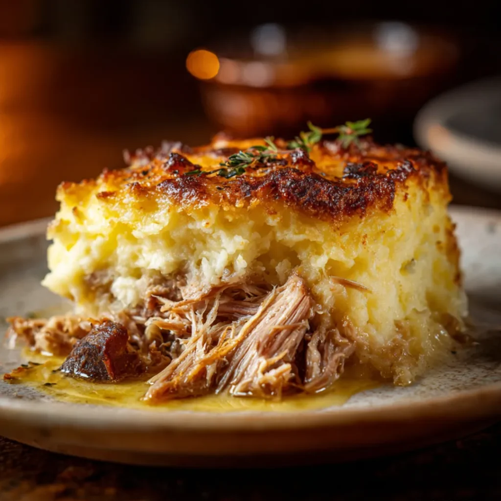 Parmentier de confit de canard avec purée dorée, effiloché de canard juteux et croûte croustillante.