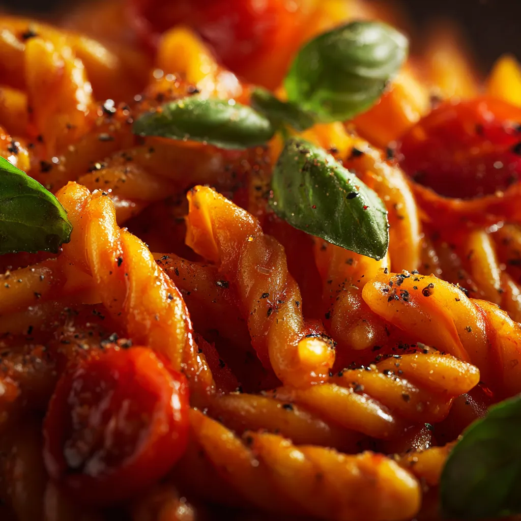 Gros plan de pâtes végétaliennes crémeuses à la tomate avec basilic frais, sauce onctueuse.