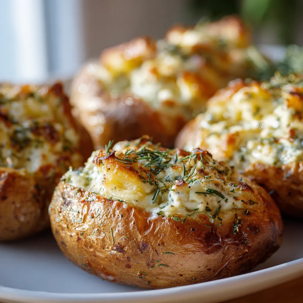Pommes de terre au four farcies dorées, garnies de fromage fondu, crème et herbes fraîches.