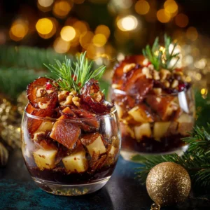 Verrines de Noël Pomme Magret de Canard avec compotée de pommes et magret.