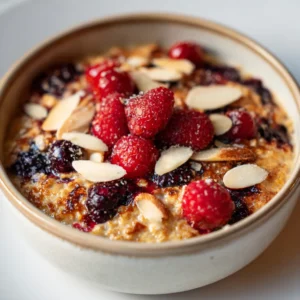 Porridge Protéiné à la Frangipane crémeux, garni d’amandes grillées et de fruits rouges.