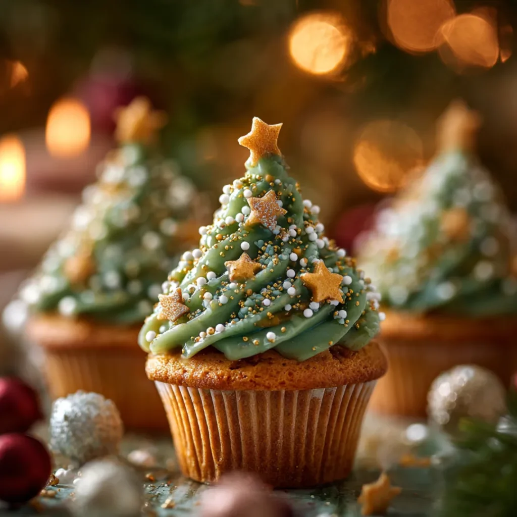 Cupcake Sapin de Noël : La Recette Magique et Facile 2 Cupcakes sapin de Noël décorés de glaçage vert crémeux, perles dorées et étoiles en sucre.